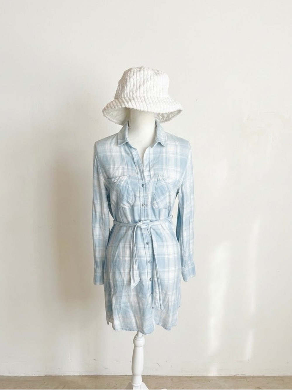 Cloth & Stone Light Blue white Plaid Cotton Shirt tie waist Dress Small FREE HAT